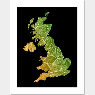 Colorful mandala art map of United Kingdom with text in green and orange Posters and Art